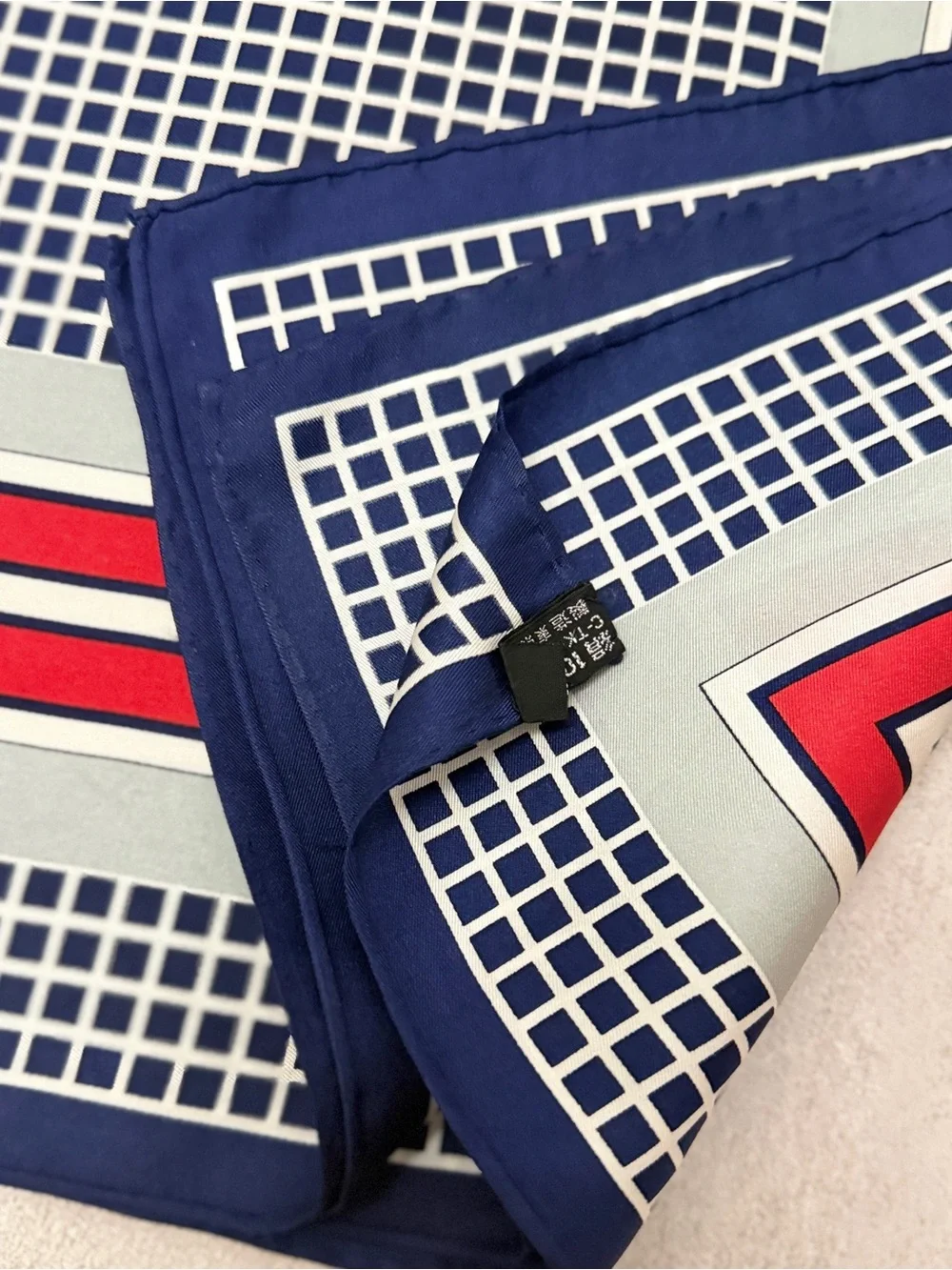 Yves Saint Laurent Navy, Red & Silver Geometric Silk Scarf